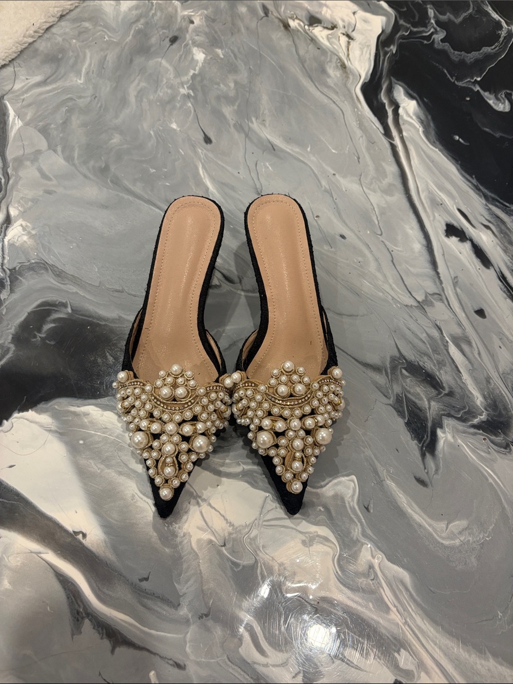Black Pointed Pearl-Embellished Slip-On Mules